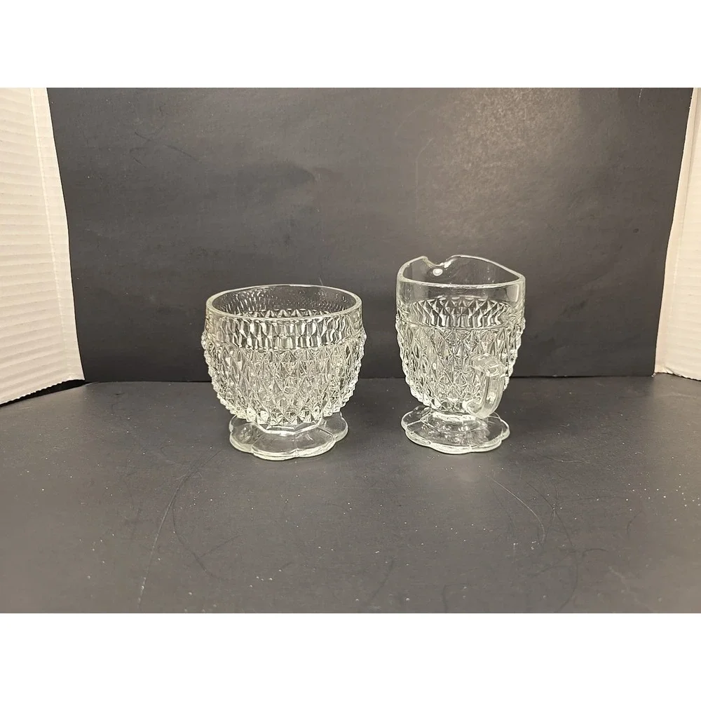 Vintage Indiana Glass Clear Diamond Point Glass Creamer and Open Sugar Bowl‎